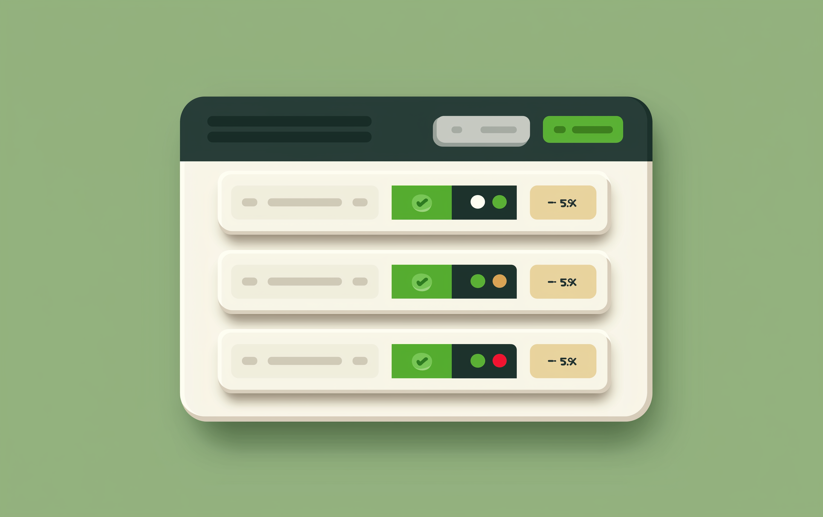 Flat UI illustration of three stacked betting result cards, each with a green checkmark or red cross result indicator, a returns figure, and a pulsing live dot