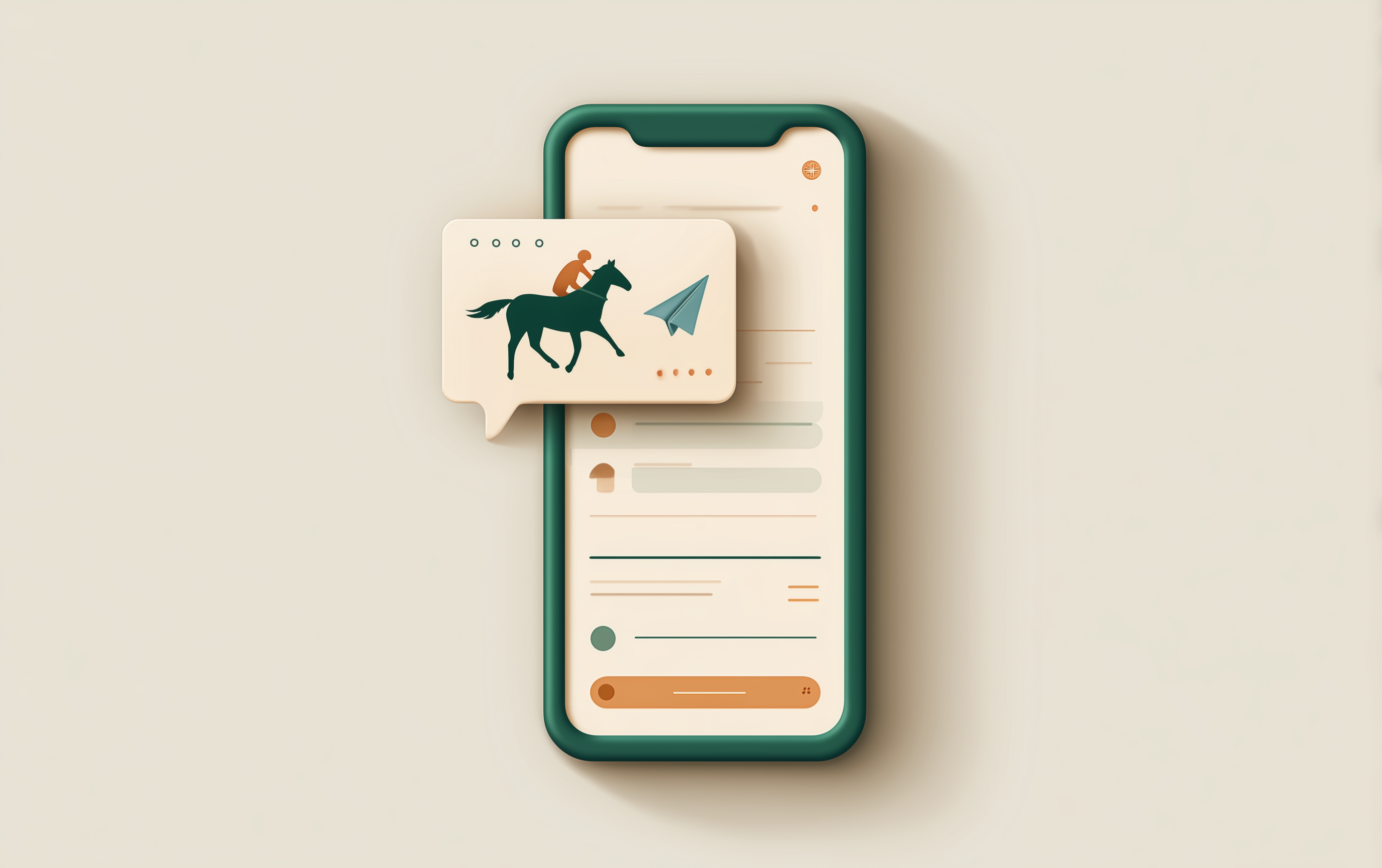 Flat UI illustration of a smartphone with a notification bubble containing a horse-racing selection, odds value, and a Telegram paper-plane icon